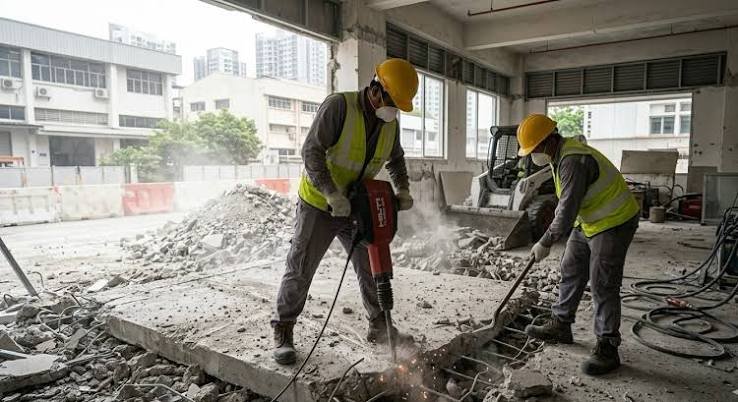 Cut section of a suspended concrete slab being lifted clear by crane