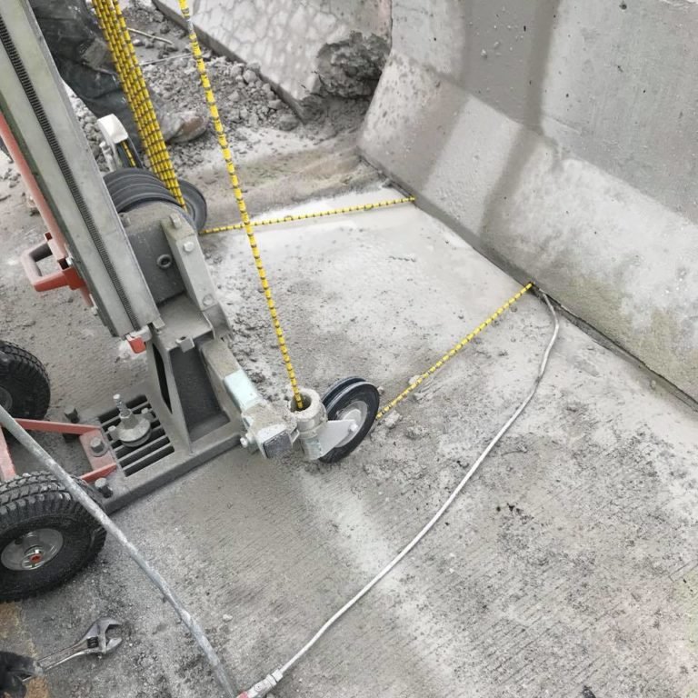 Diamond wire saw cutting through a thick mass concrete section